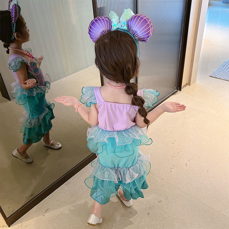 無袖造型萌萌連身公主裙-卡通人物-美人魚-藍綠+紫