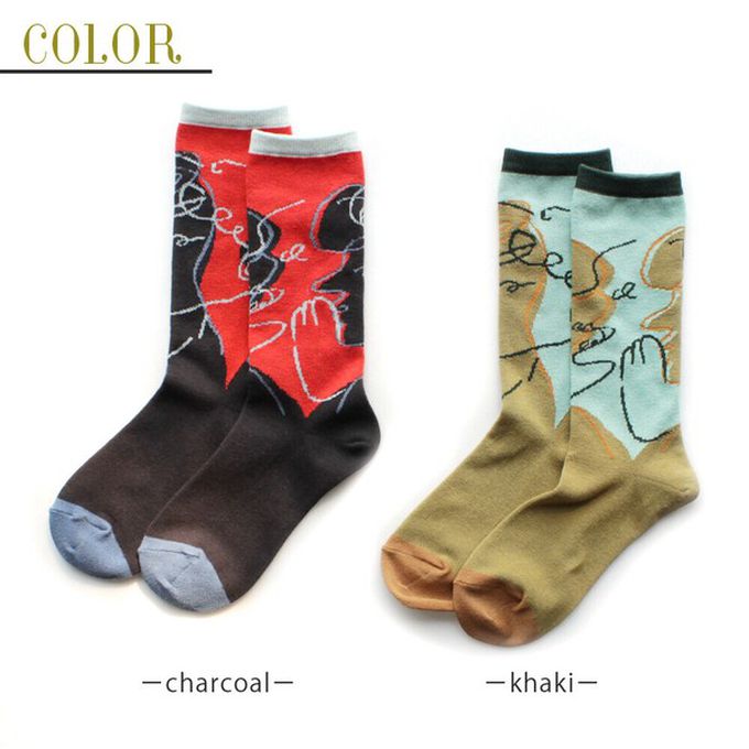 日本女裝代購 - 日本製 伊索寓言印花長襪-旅人與熊-軍綠x藍 (23-25cm)