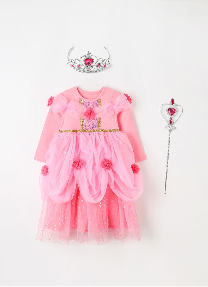 韓國 OZKIZ - (附配飾)花朵層次裝飾公主網紗洋裝-粉