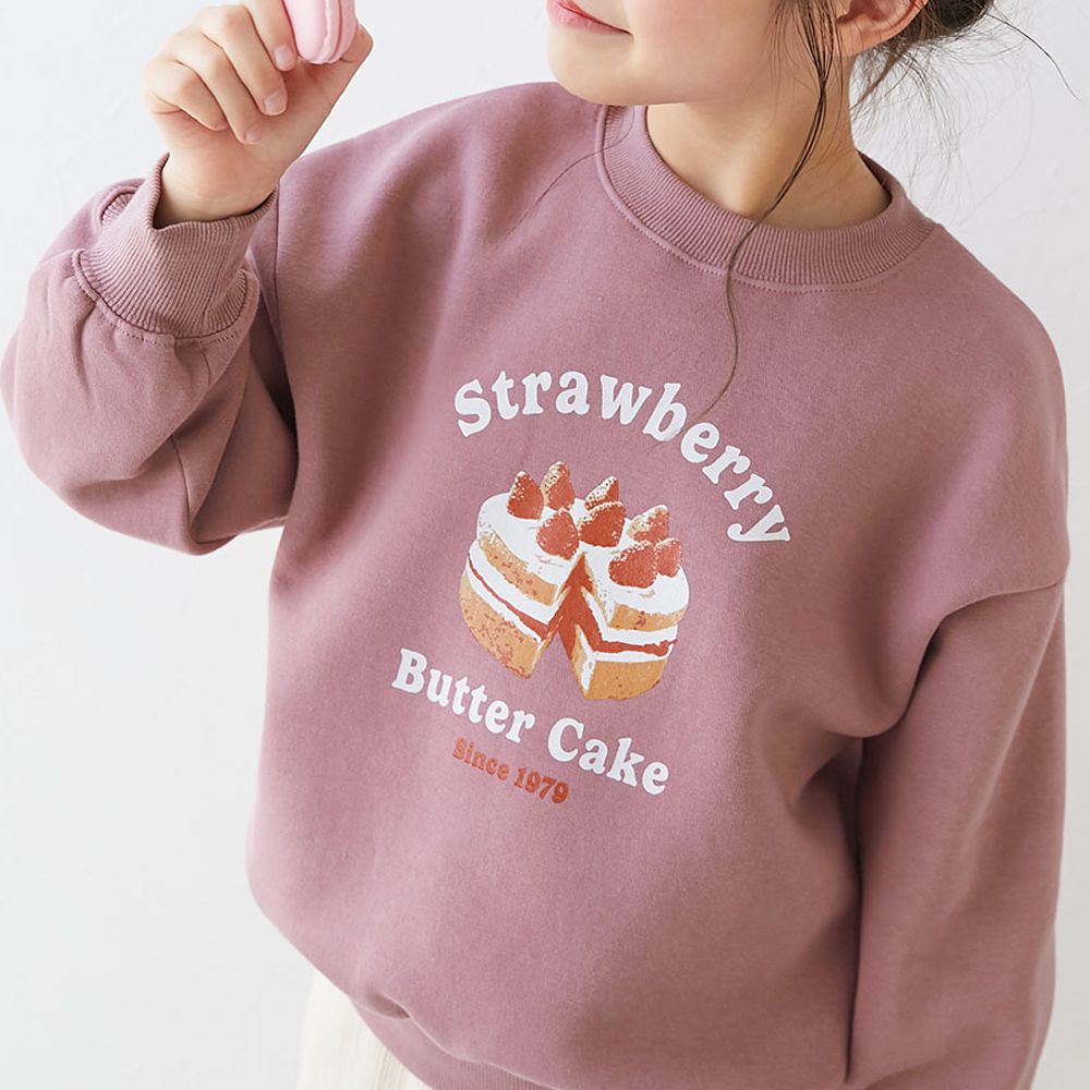裏起毛女孩印花大學T-草莓蛋糕-煙燻粉