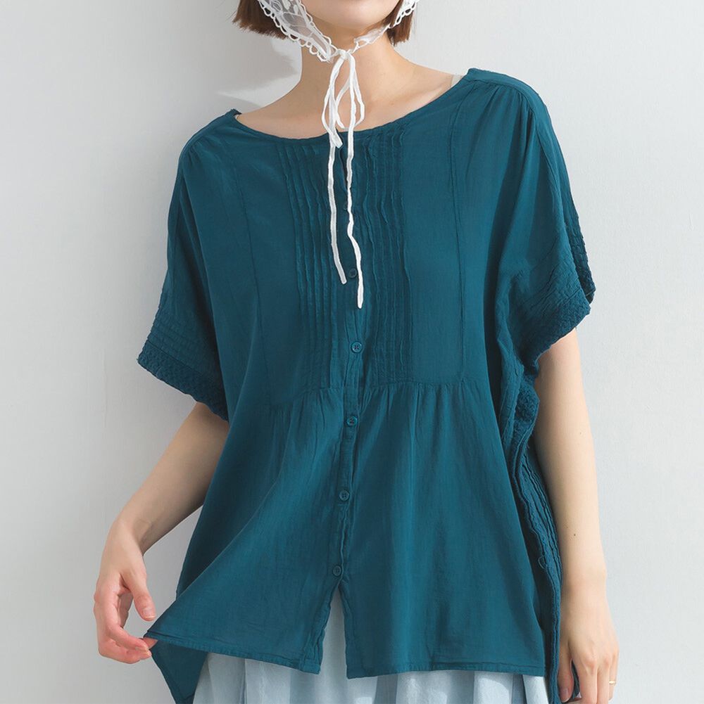 100%印度棉 雙面穿簡約皺摺短袖上衣-藍綠