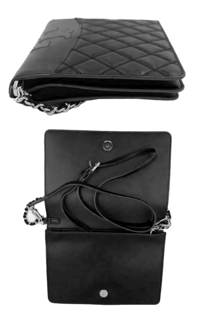 TORY BURCH - 格菱紋皮革翻蓋斜背包 (黑)