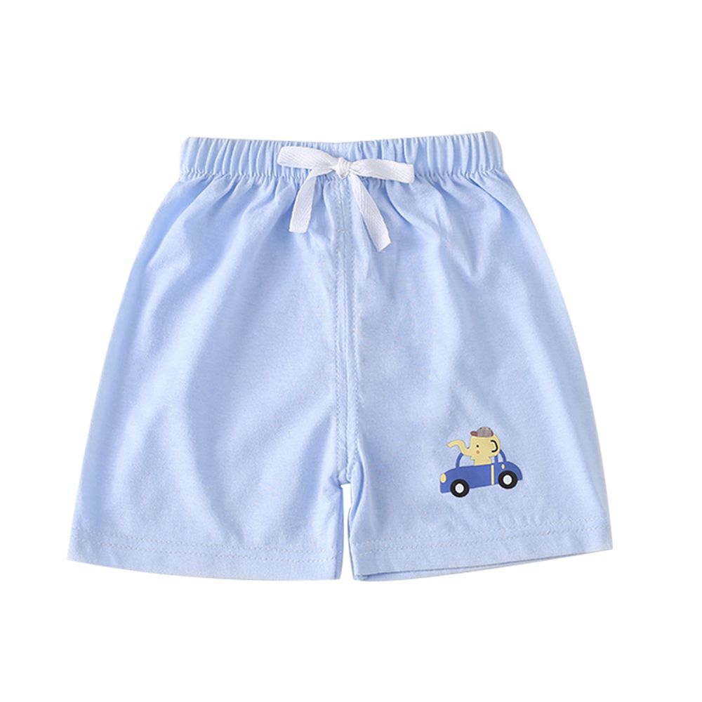 純棉短褲 兒童短褲 褲子可開檔換尿布-素色-藍底汽車