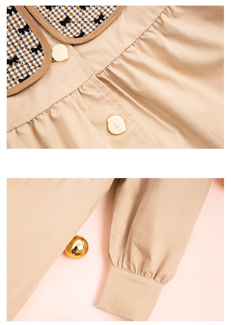 大翻領長袖風衣外套-蝴蝶結格紋-卡其色