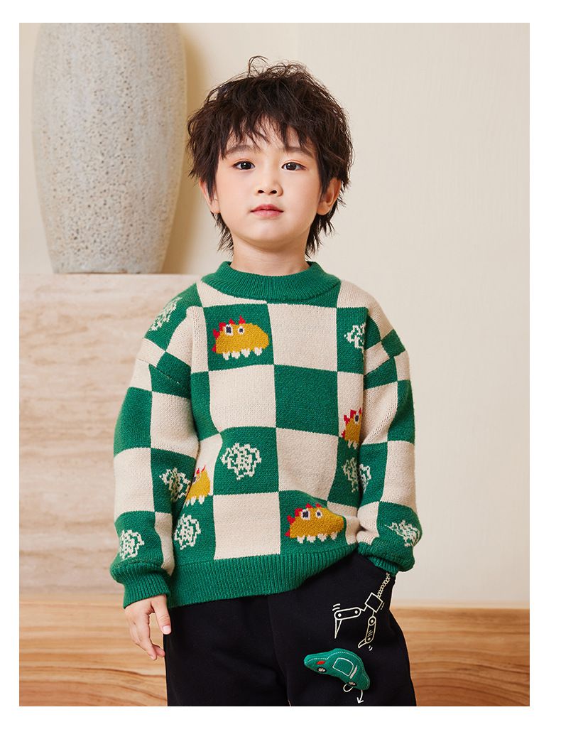 圓領保暖針織長袖上衣/毛衣-拼色格紋恐龍-藍色