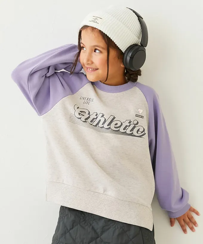 日本 devirock - 可愛女孩印花縮口長袖上衣-下擺開岔-燕麥X炭灰