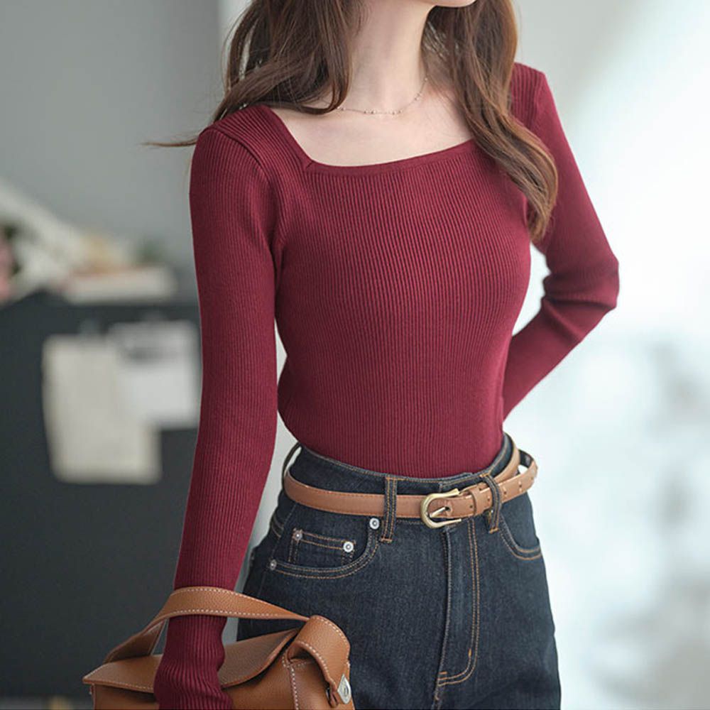 [推薦]羅紋針織合身長袖上衣-(可選領)-酒紅