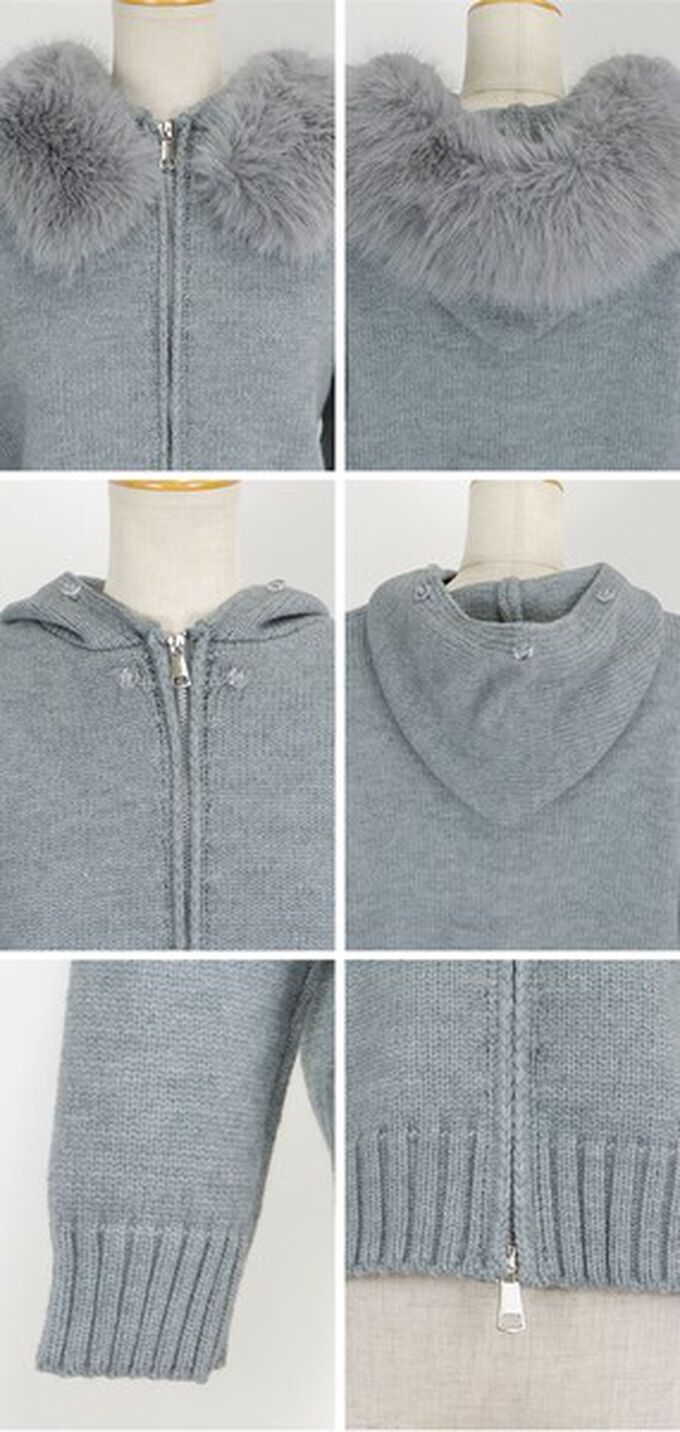 日本 BLUE EAST - 澎澎可愛毛絨帽雙拉鍊針織外套-卡其