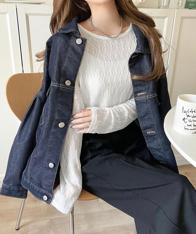 日本 Classical Elf - 網狀蕾絲透膚圓領長袖上衣-淺灰粉