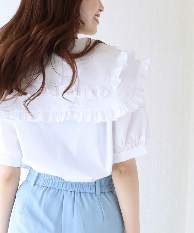 日本 BLUE EAST - 輕奢多層次荷葉大領短袖上衣-白