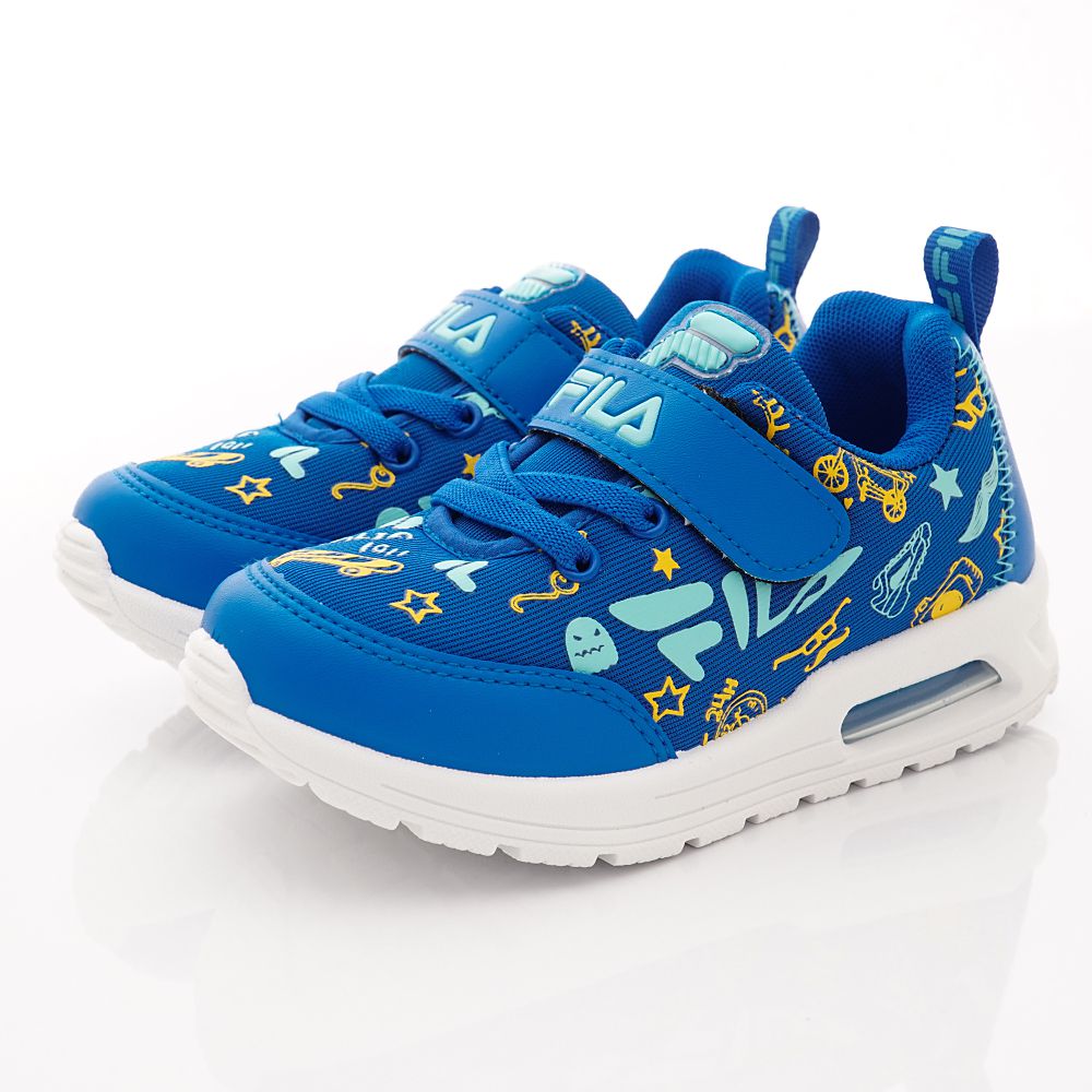 FILA - 半氣墊彈力印花運動鞋(中大童段)-藍黃