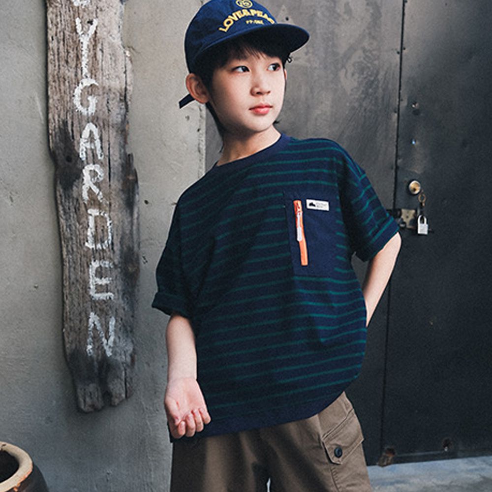 棉質圓領短袖上衣-口袋拉鏈-藏青條紋