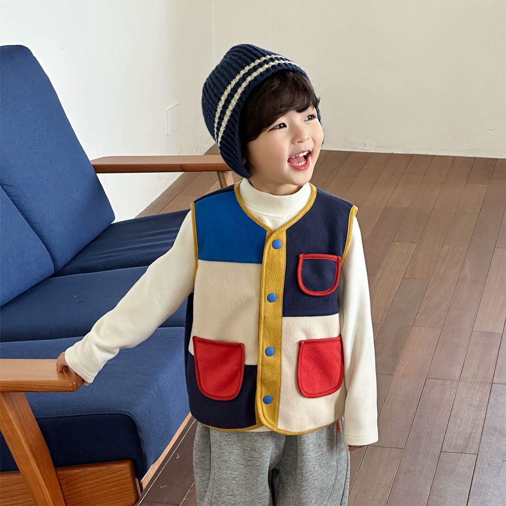 保暖搖粒絨背心-童趣撞色-藏青