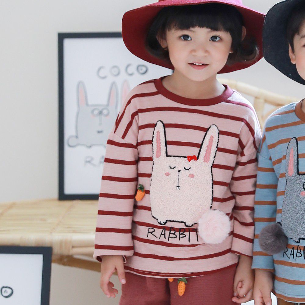 韓國 Coco Rabbit - (剩S)閉眼小兔立體毛球條紋長袖上衣-粉紅