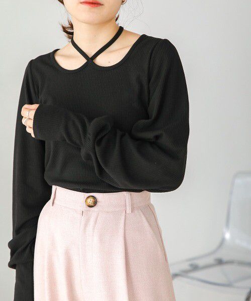 日本 Bab - 2WAY氣質綁帶羅紋泡泡袖上衣-米杏