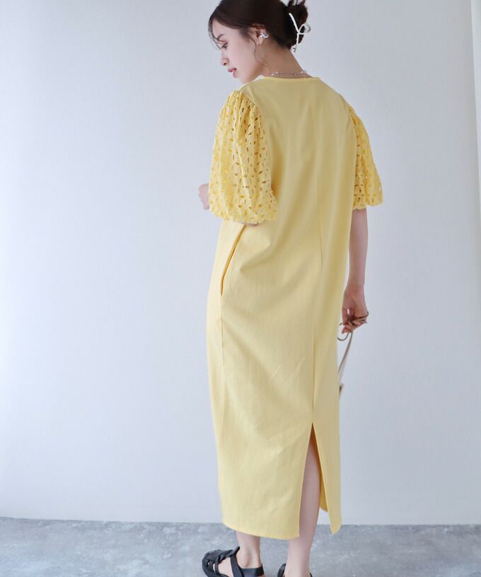 日本 BLUE EAST - 優雅雕花泡泡五分袖連身洋裝-薰衣草