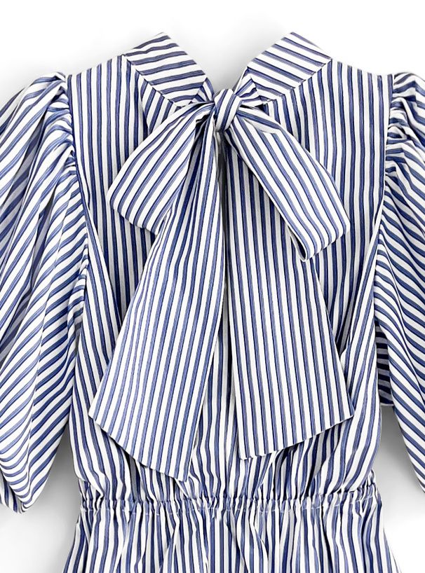 日本 GRL - 文藝浪漫後綁帶泡泡袖洋裝-直條紋-奶茶棕