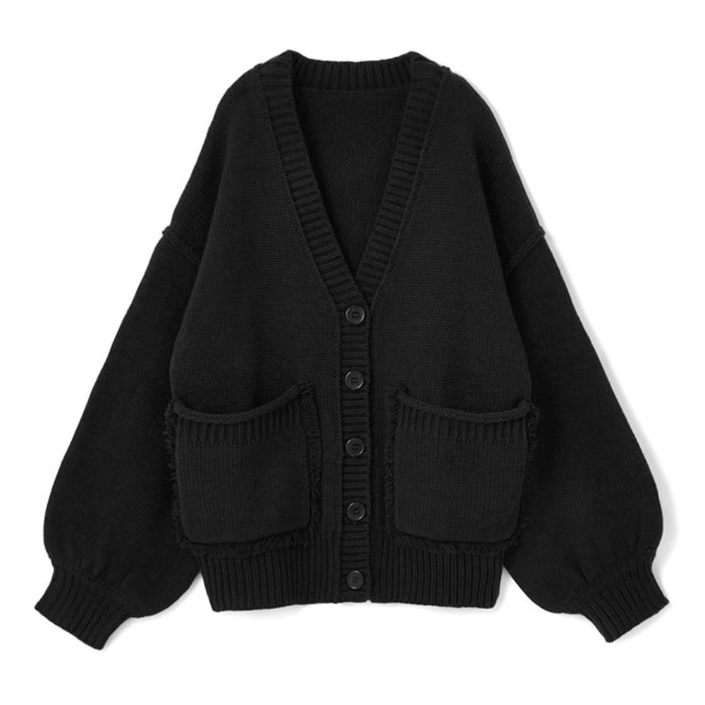 日本 GRL - 抓鬚雙口袋V領針織外套-黑