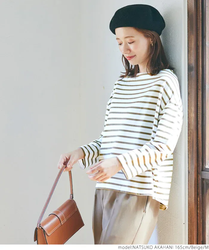 日本 COCA - [熱銷推薦] 百搭船領薄長袖上衣-條紋-灰x白