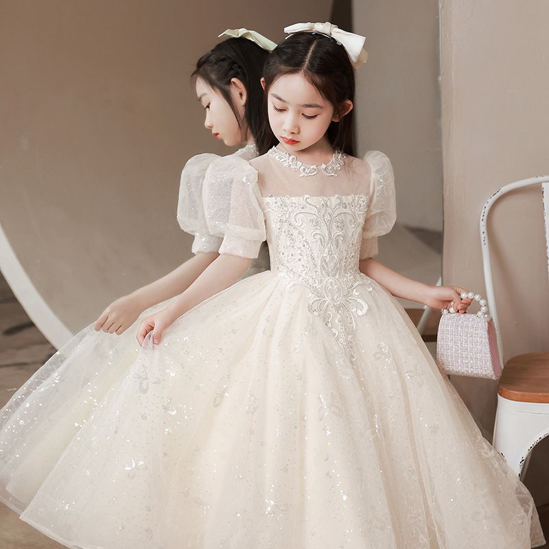 歌德風泡泡袖公主亮片網紗禮服-短裙款-香檳色