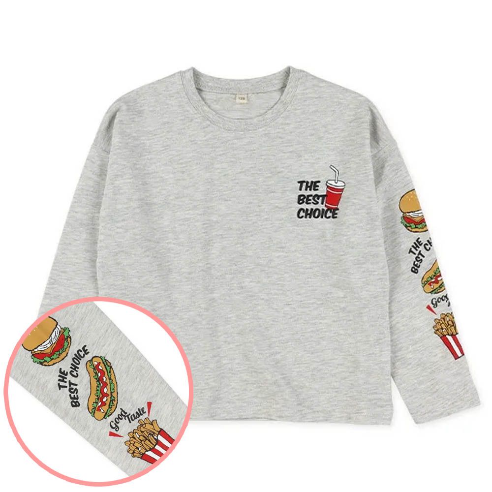 美味速食印花長袖上衣-灰色