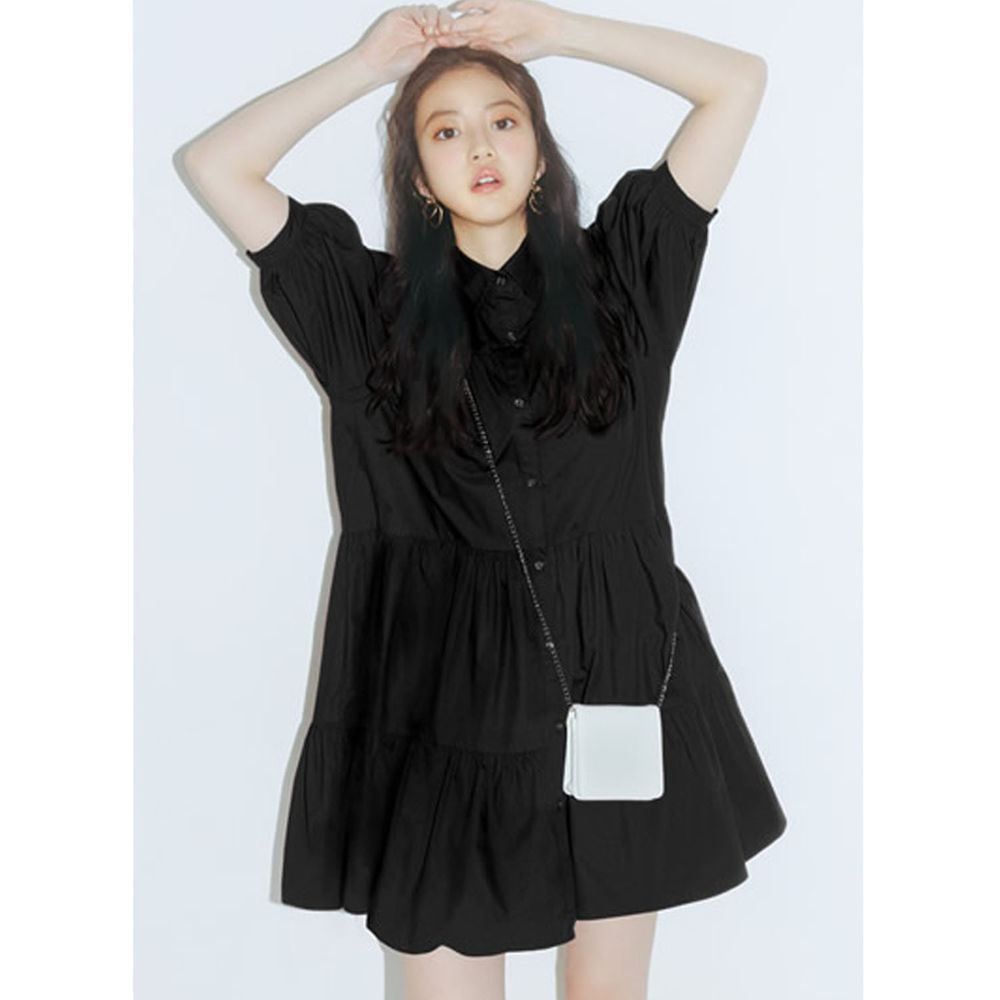 日本 GRL - 聯名款 蛋糕層次泡泡袖襯衫洋裝-時尚黑