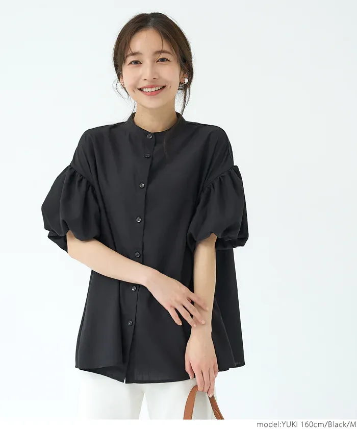 日本 COCA - 輕薄圓領泡泡短袖襯衫-淺米