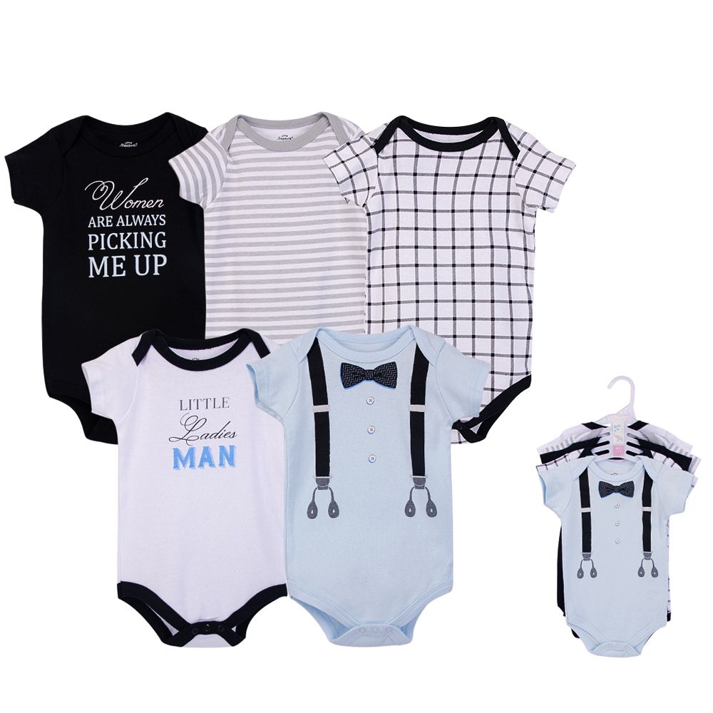 美國 Luvable Friends - 100%純棉嬰幼兒短袖包屁衣5件組-藍色領結