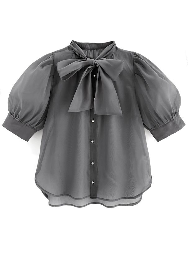 日本 GRL - 優雅光澤感蝴蝶結短袖襯衫-石墨灰 (F)