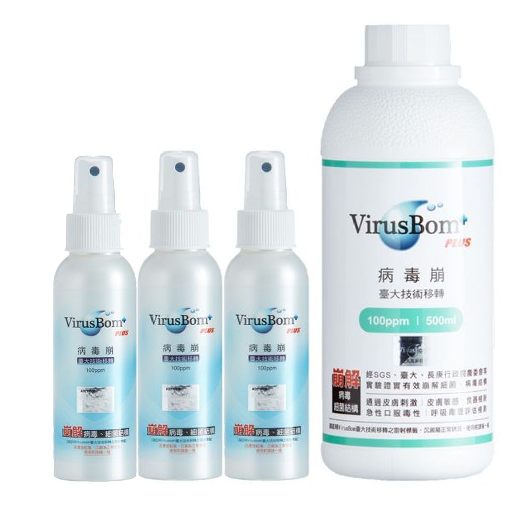 病毒崩 VirusBom - 100ppm 噴劑 (100ml)✕3入＋100ppm 補充瓶 (500ml)✕1入