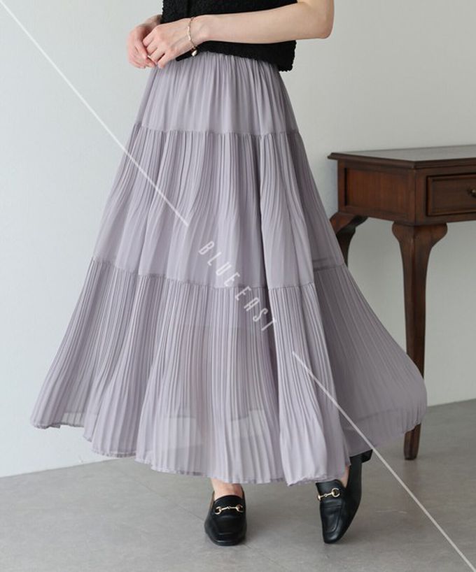 日本 BLUE EAST - 優雅細摺雪紡分層鬆緊長裙-黑 (M)