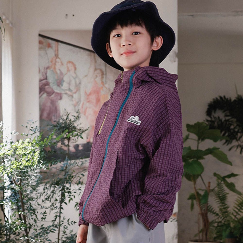 撞色雙拉鍊立領防風連帽外套-紫色格