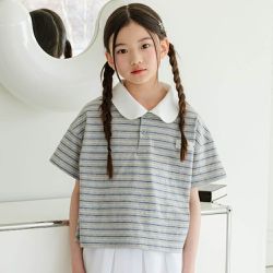 韓國 sm2 - 學院風翻領條紋短袖上衣-灰