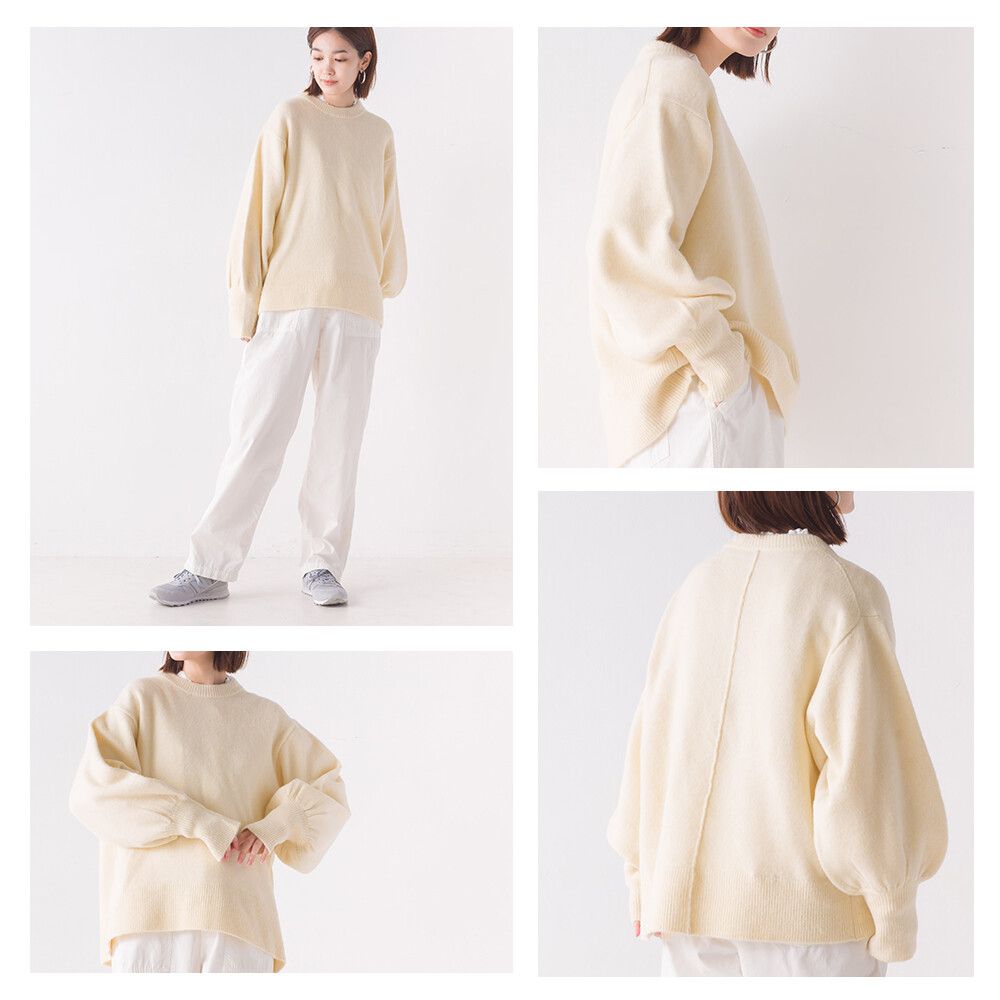 日本 OMNES - 羊毛混柔軟氣球袖毛衣-象牙杏