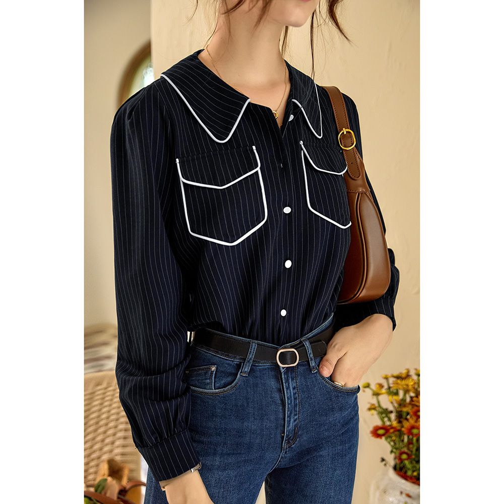 撞色包邊條紋長袖襯衫-深藍色