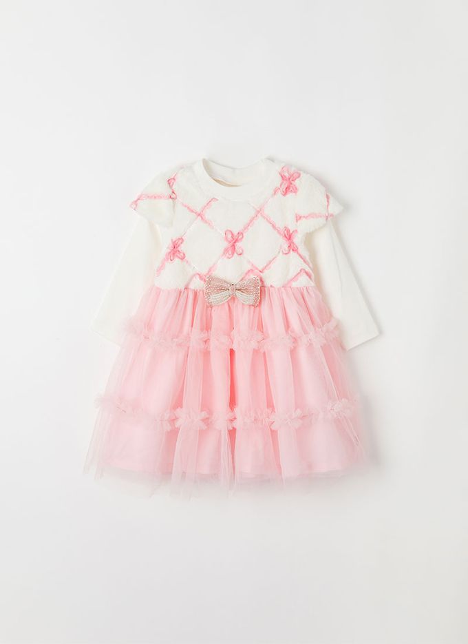 韓國 OZKIZ - 毛絨拼接蝶結網紗洋裝-白X粉