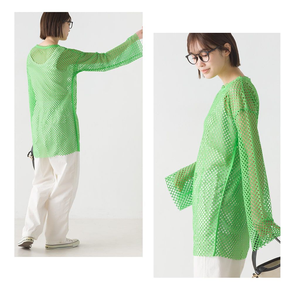 日本 OMNES - 日系鏤空漁網長袖罩衫-草地綠