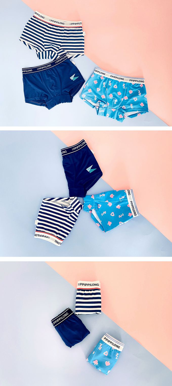 韓國 Ppippilong - 棉質透氣四角褲(男寶)-藍白橫紋-深藍