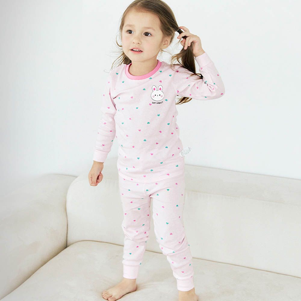 細緻柔棉彈性長袖家居服-愛心兔-淺粉