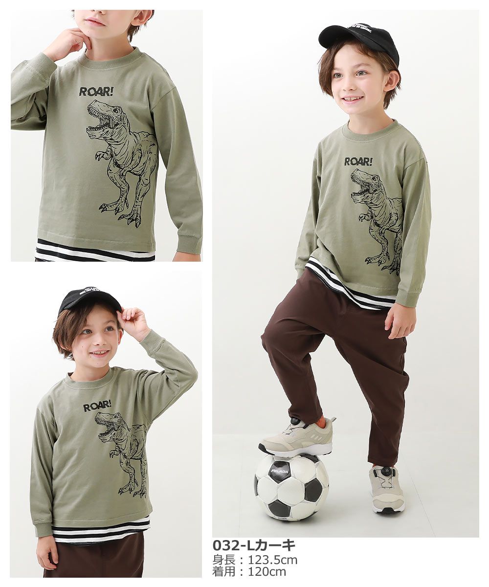 日本 devirock - 純棉 定番百搭印花長T-手繪暴龍-淺軍綠