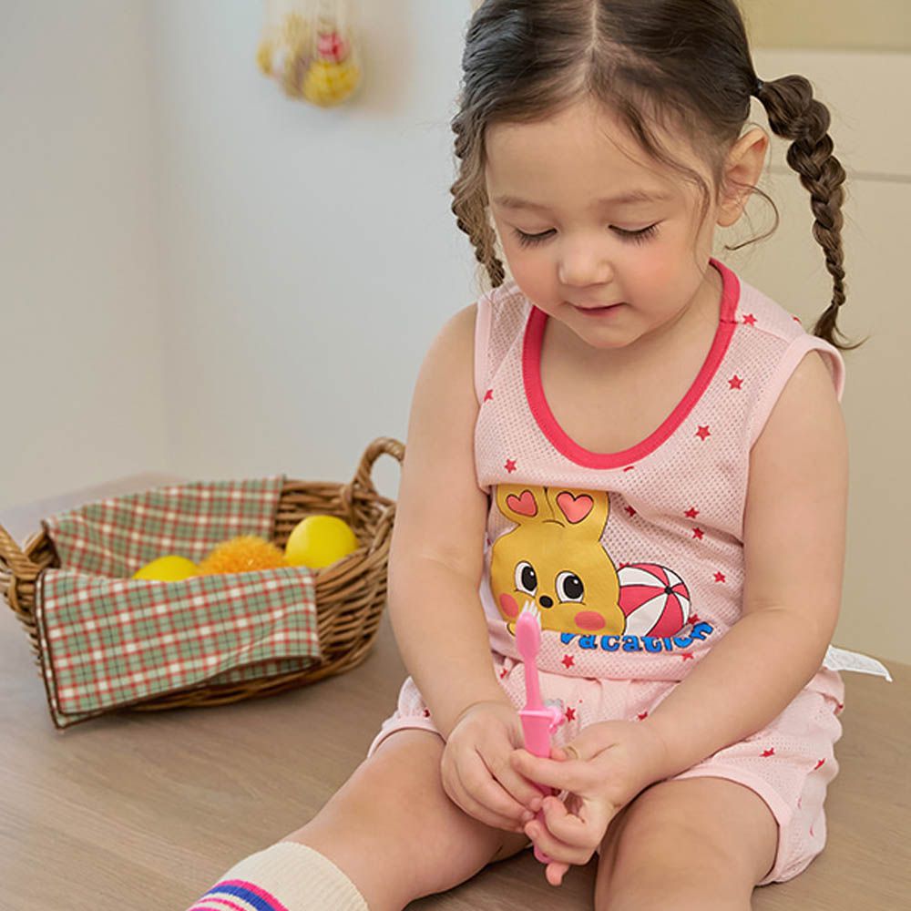 透氣網眼洞洞無袖家居服/睡衣-渡假兔兔-粉