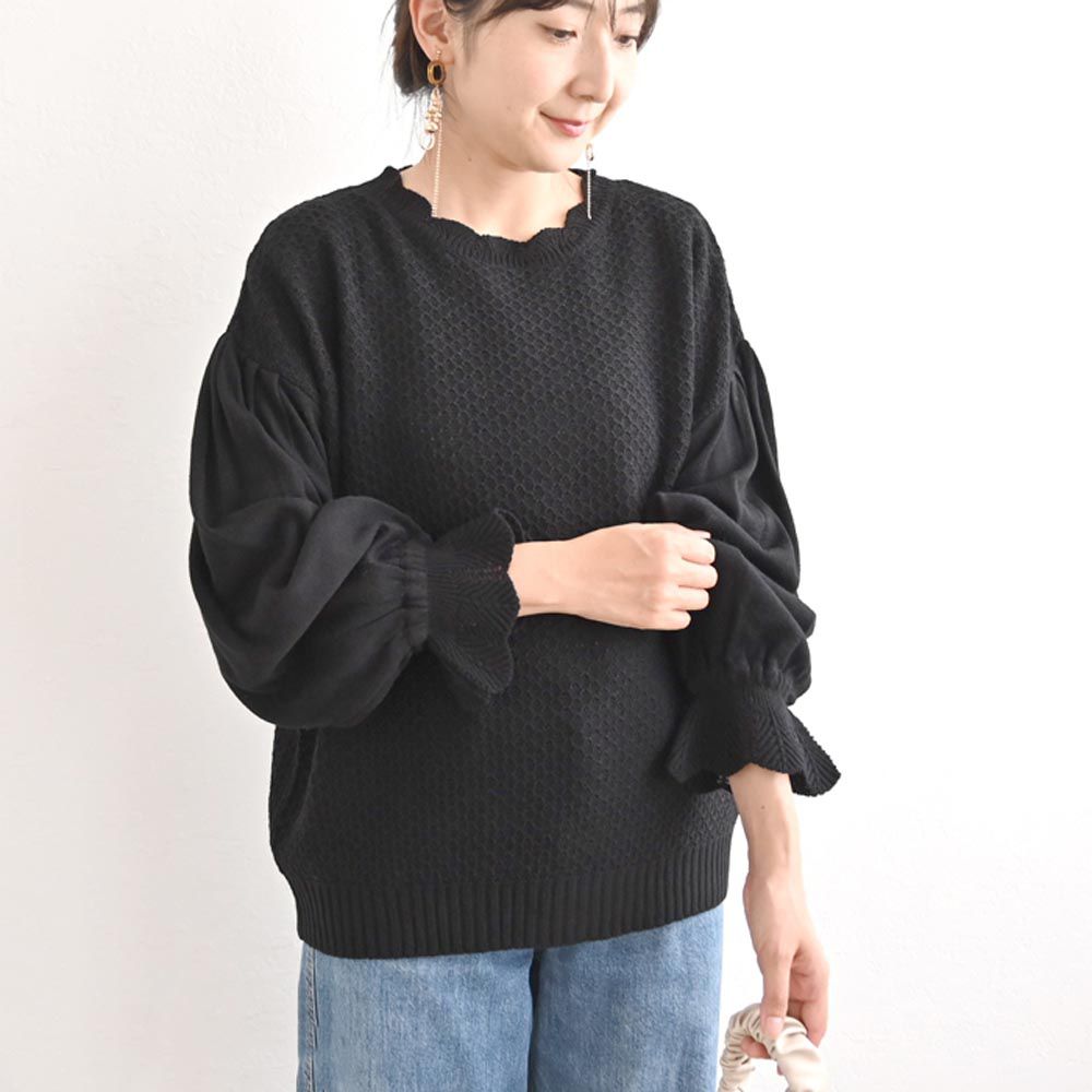 日本 ihuu - 氣質花瓣領糖果袖針織上衣-黑