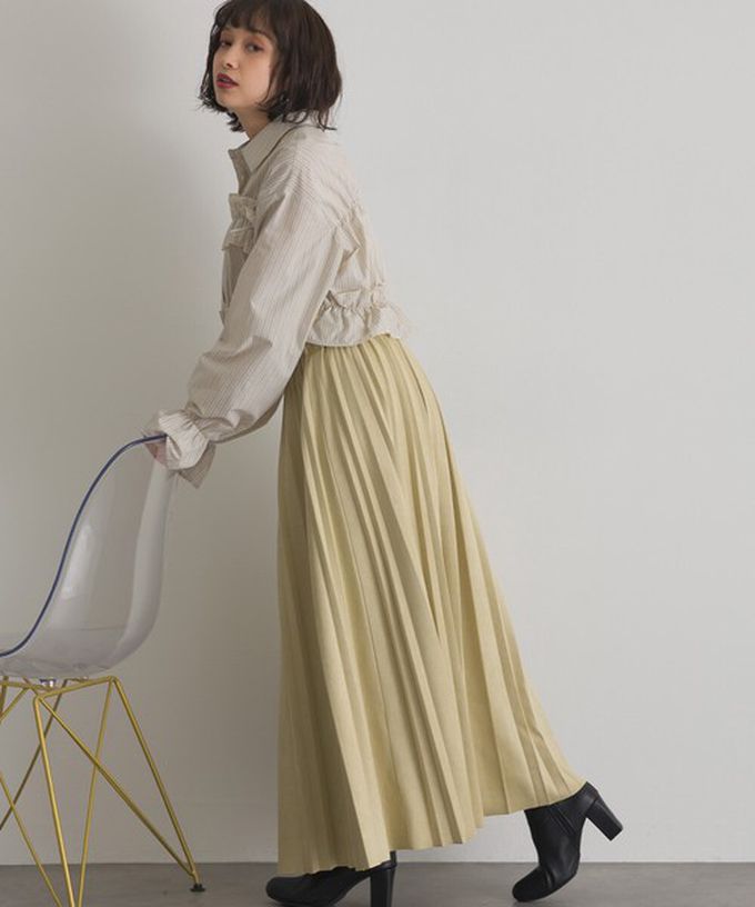 日本 ELENCARE DUE - 俐落低調麂皮百褶長裙-卡其棕