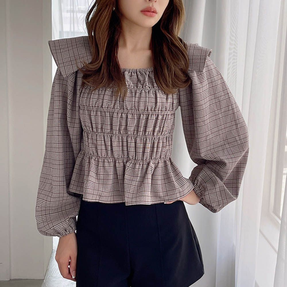 復古格紋抓皺大翻領長袖上衣-深可可