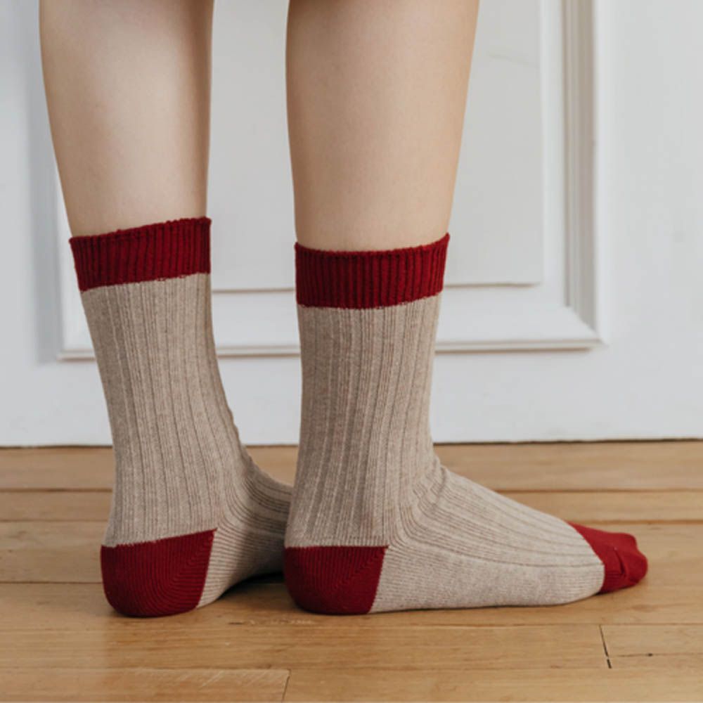 韓製彈力好穿配色中筒襪-藕灰X酒紅 (Free[230~260mm])-1雙