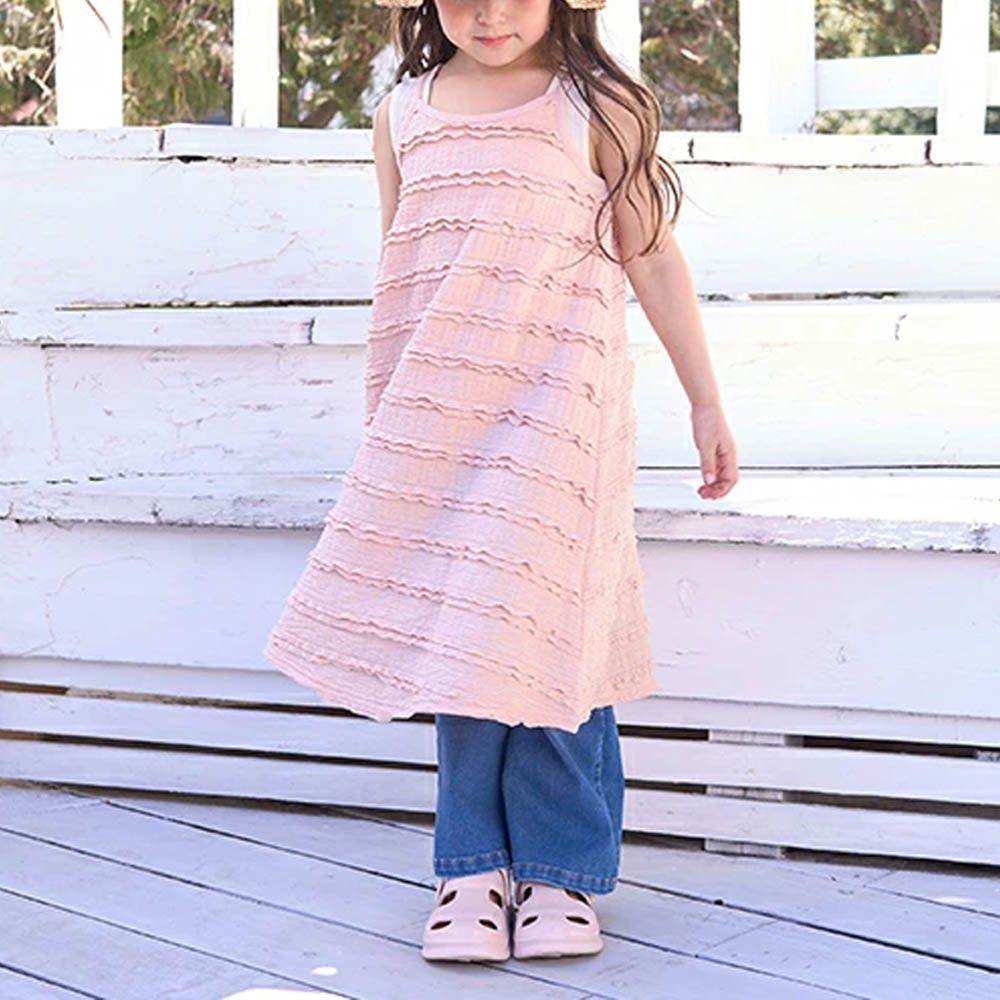 度假感層次蕾絲吊帶洋裝-粉橘