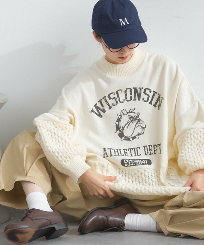 日本 Lupilien - 鬥牛犬印花粗針織拼接裏毛長袖上衣-淺灰