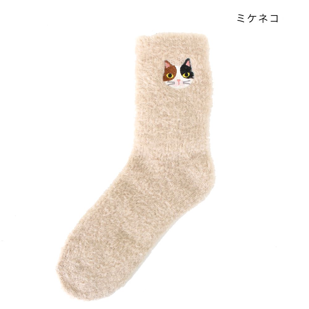 日本 TOMO - 可愛動物刺繡毛絨保暖襪-灰貓-深灰