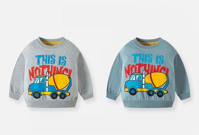 純棉圓領長袖上衣/大學T-繽紛水泥車-藍色