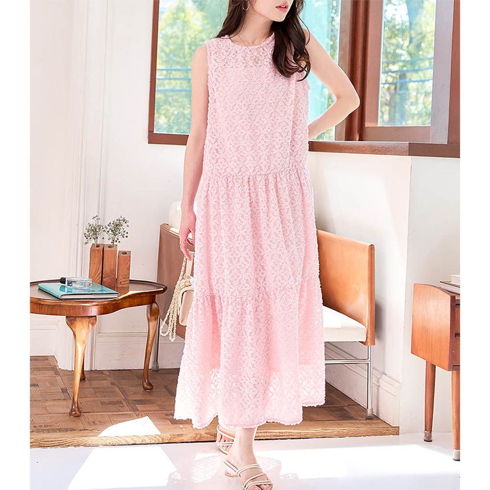 透膚感優雅緹花分層無袖洋裝(附內襯)-粉紅